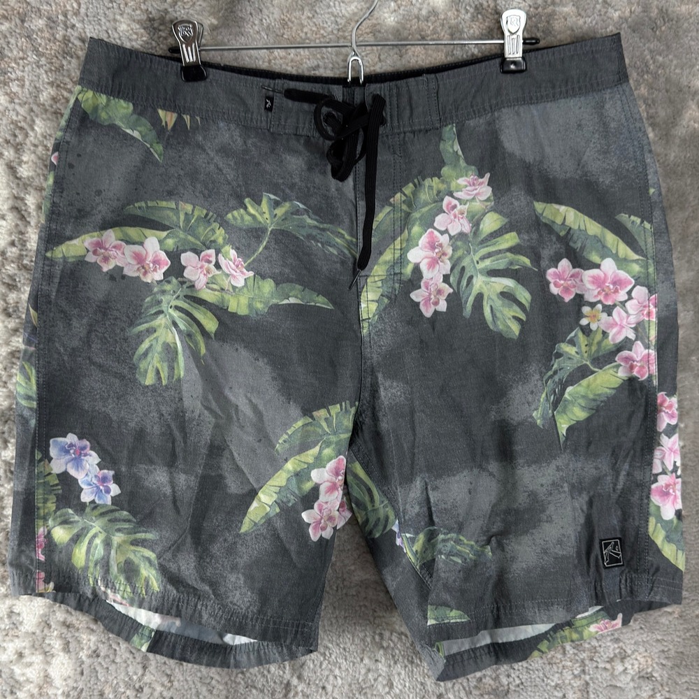 Rusty Size 36 Floral Tropical Hibiscus Print Board Shorts Swim Trunks Gray Men